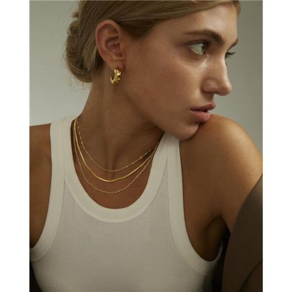 Gold Herringbone Necklace For Women,Layered Gold Necklaces,14k Gold Plated - Picture 3 of 7